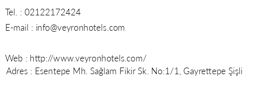 Veyron Hotel telefon numaralar, faks, e-mail, posta adresi ve iletiim bilgileri